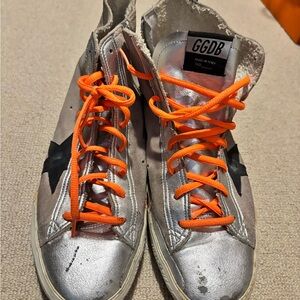Golden Goose Silver and Orange High-Top Sneakers